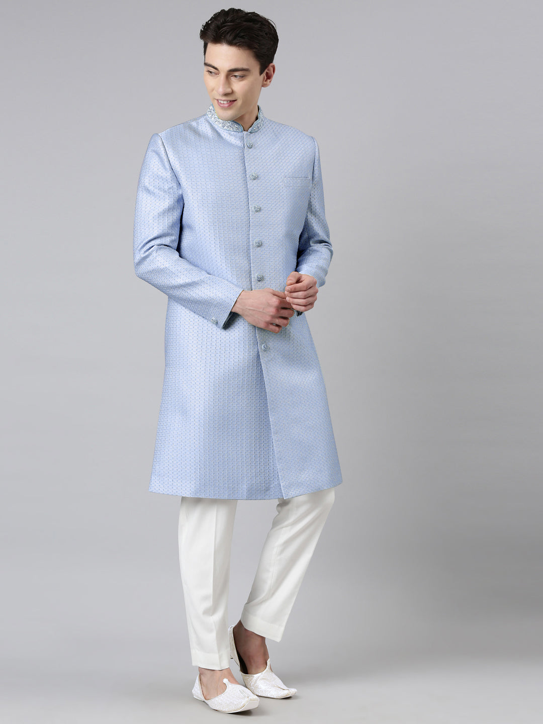 Powder Blue Jacquard Achkan