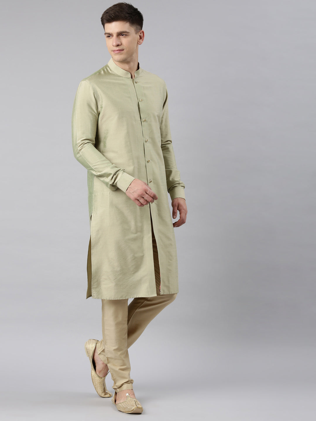 Gold Brocade Jacket With Open Style Light Green Kurta Set