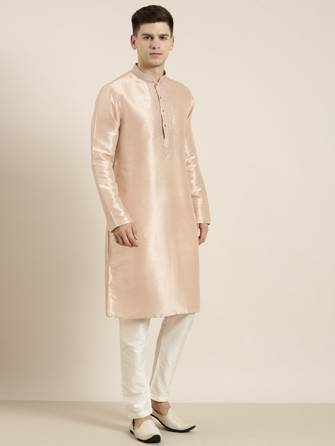 Peach Silk Embroidered Kurta Set