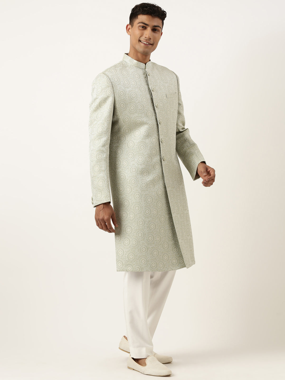 Green Jacquard Indowestern Set