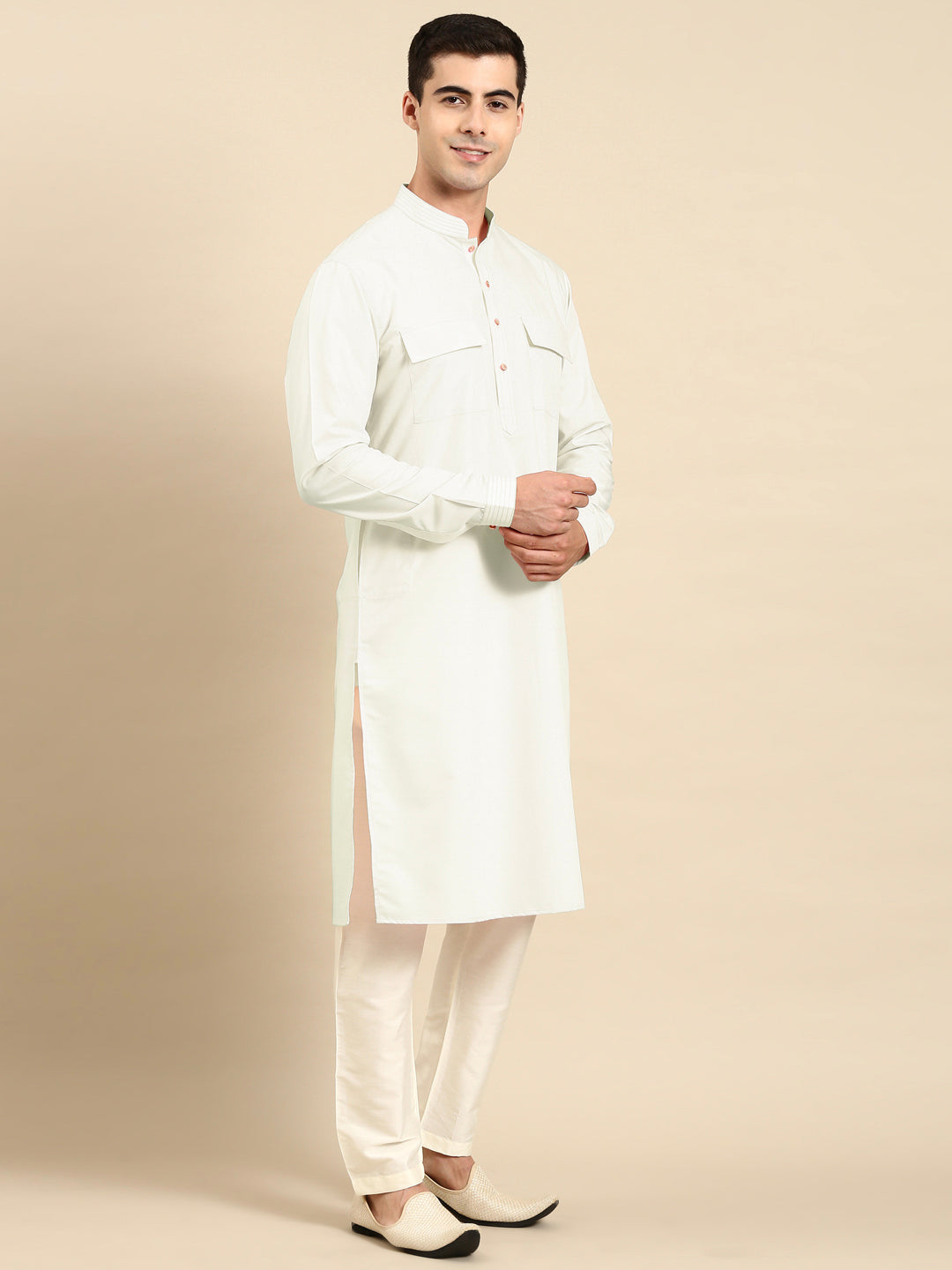 Cream Cotton Pathani Kurta Set with Patch pocket