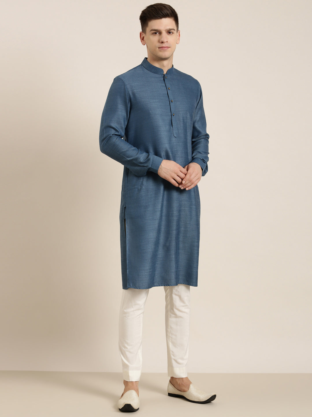 Cream Linen Printed Jacket Kurta Set