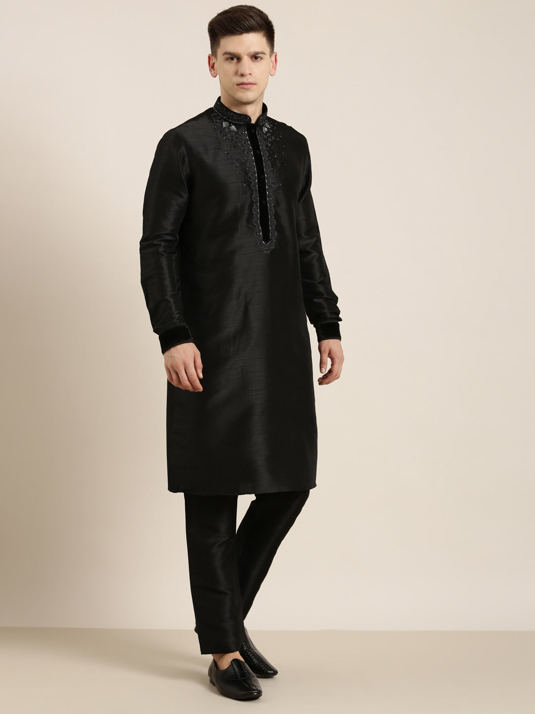 Black Art Silk Embroidered Kurta Set