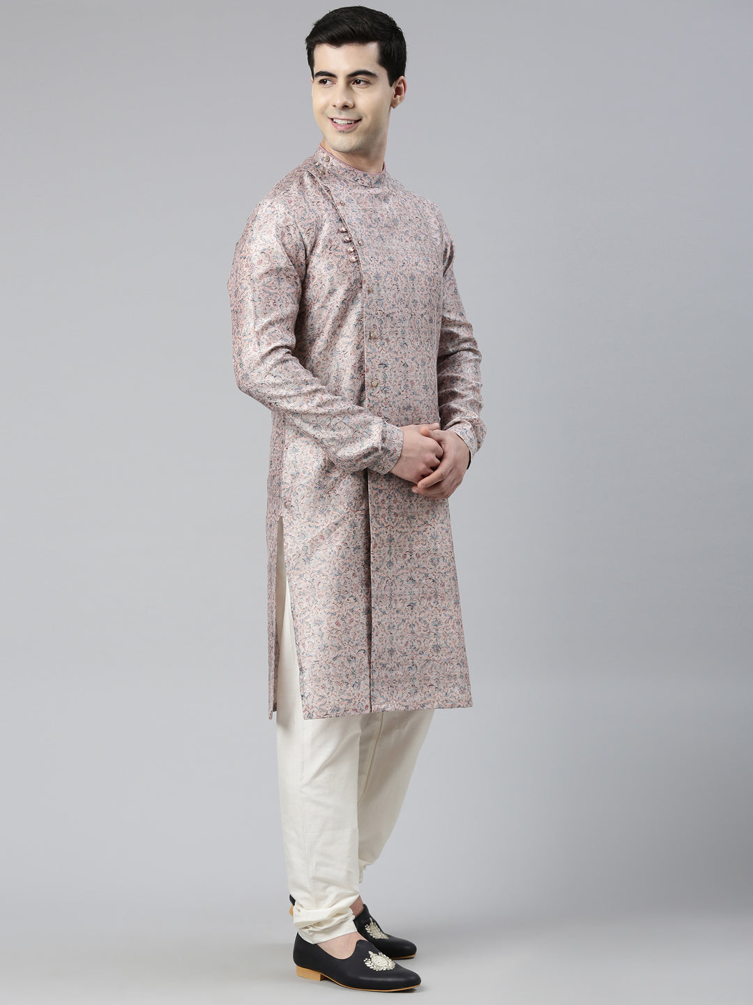 Pink Floral  Block Printed Angrakha Chanderi Silk Kurta Set