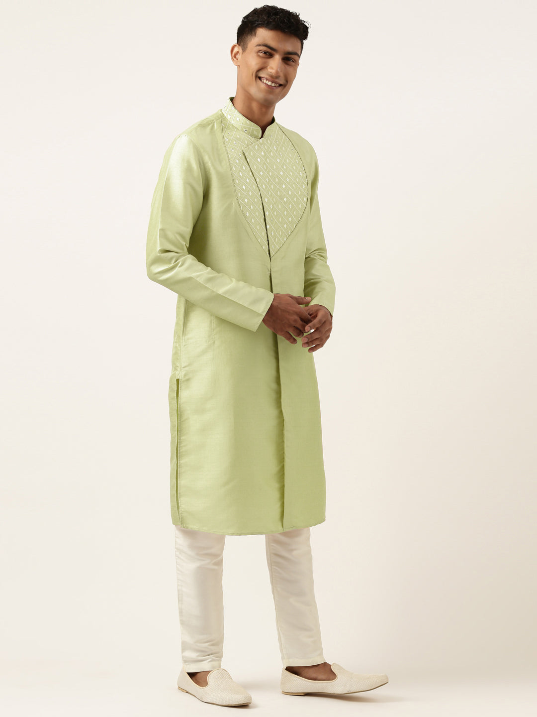 Parrot Green Embroidery Angrakha Kurta Set