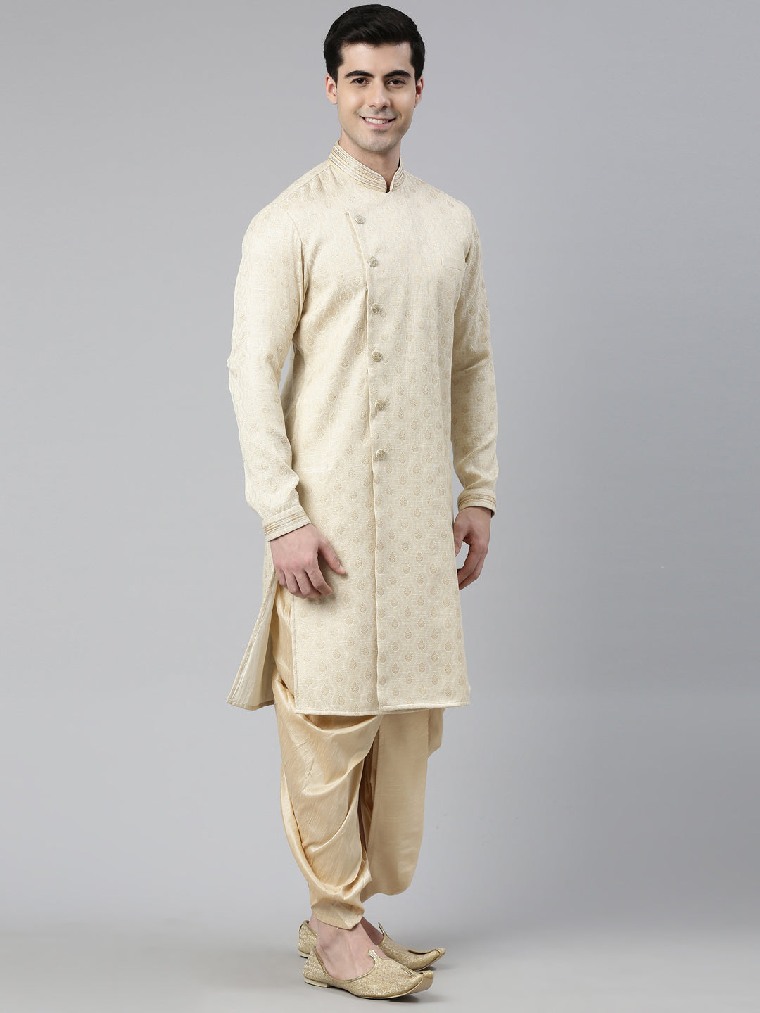 Ivory Gold Brocade Silk Open Kurta Set