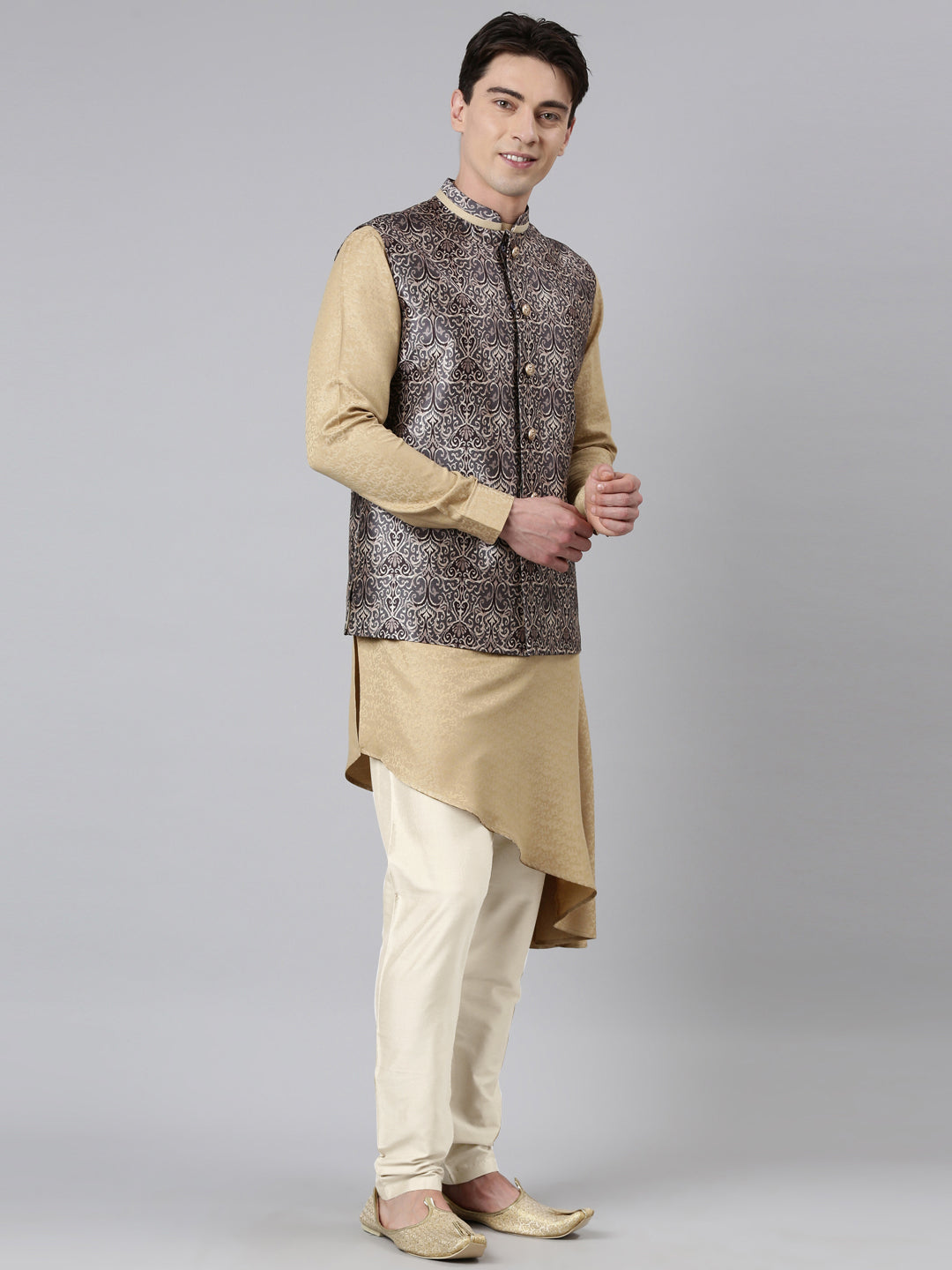 Printed Jacket with Self-design Drape Side-Open Kurta