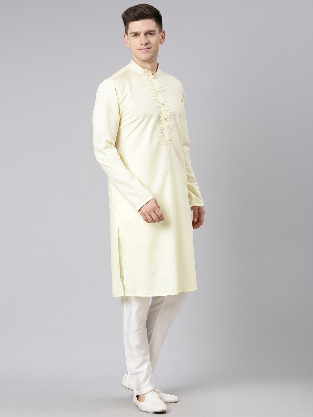 Lemon Cotton Dori Embroidery Kurta Set