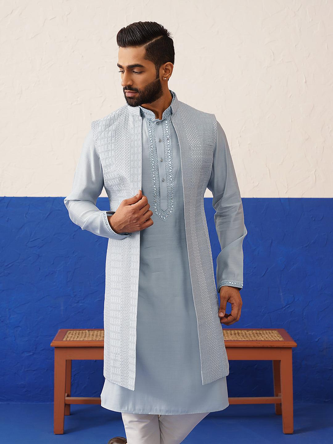 Aqua Blue Computer Emb Long Bundi Kurta Set