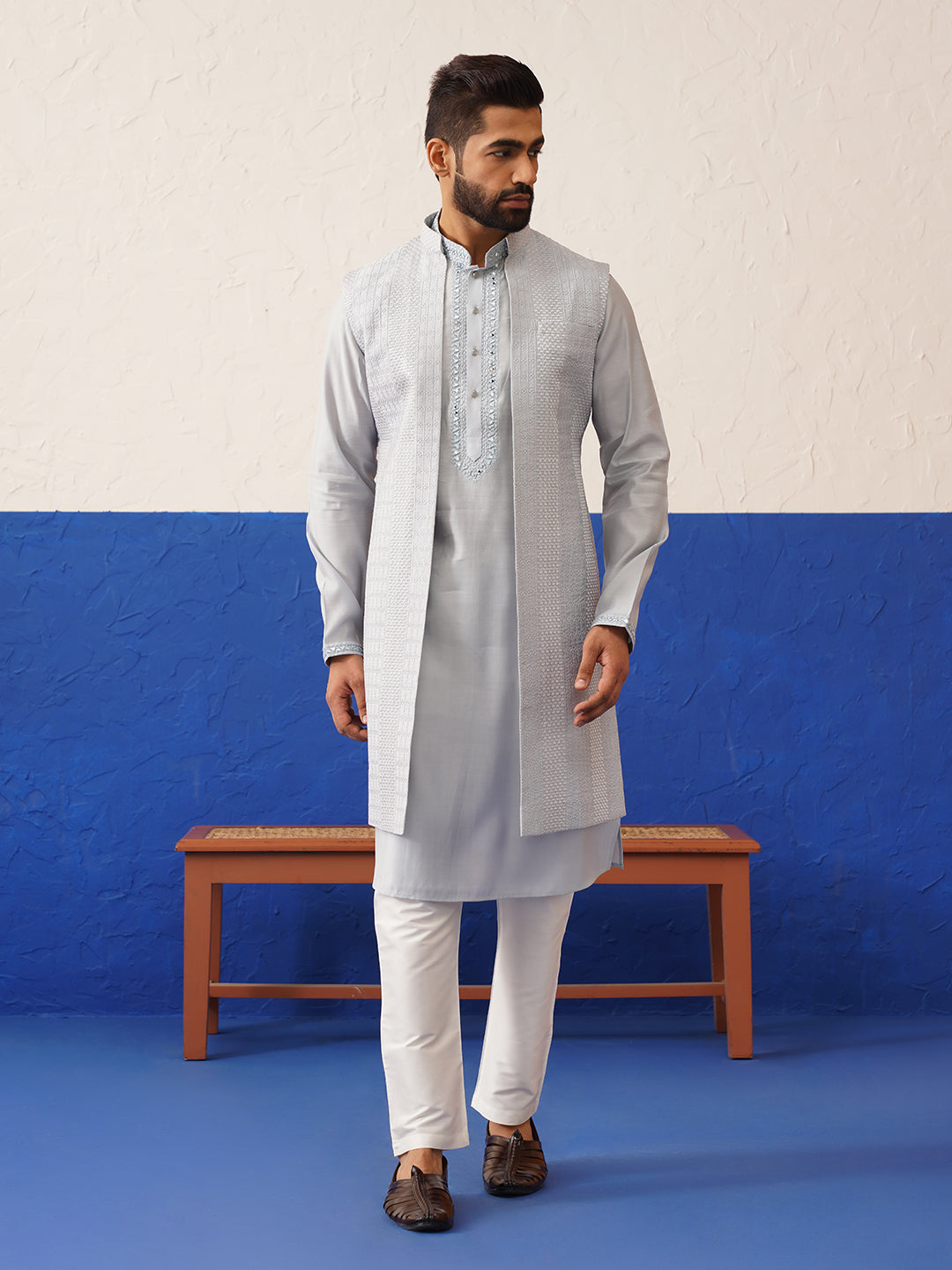 Aqua Blue Computer Emb Long Bundi Kurta Set