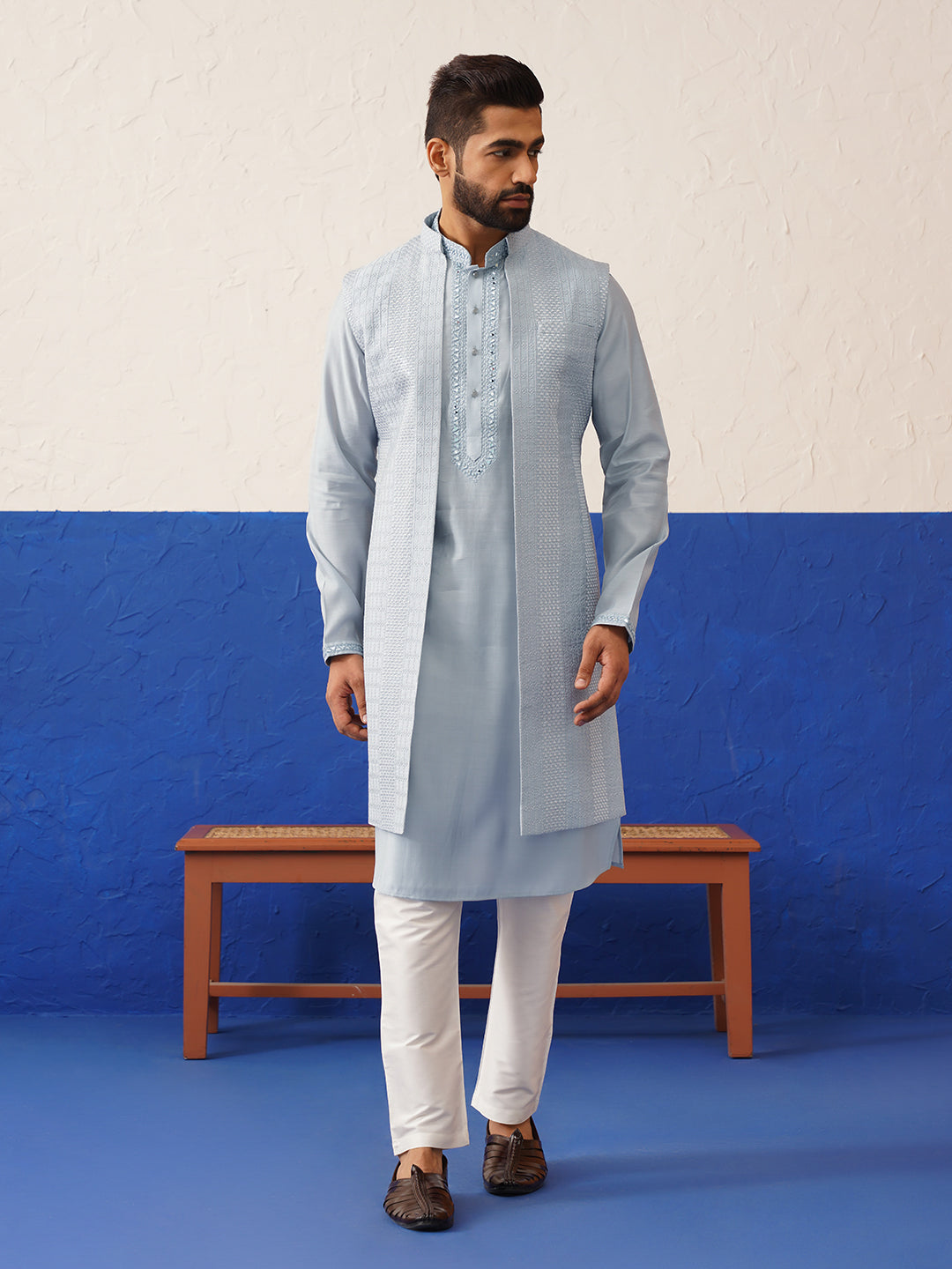 Aqua Blue Computer Emb Long Bundi Kurta Set