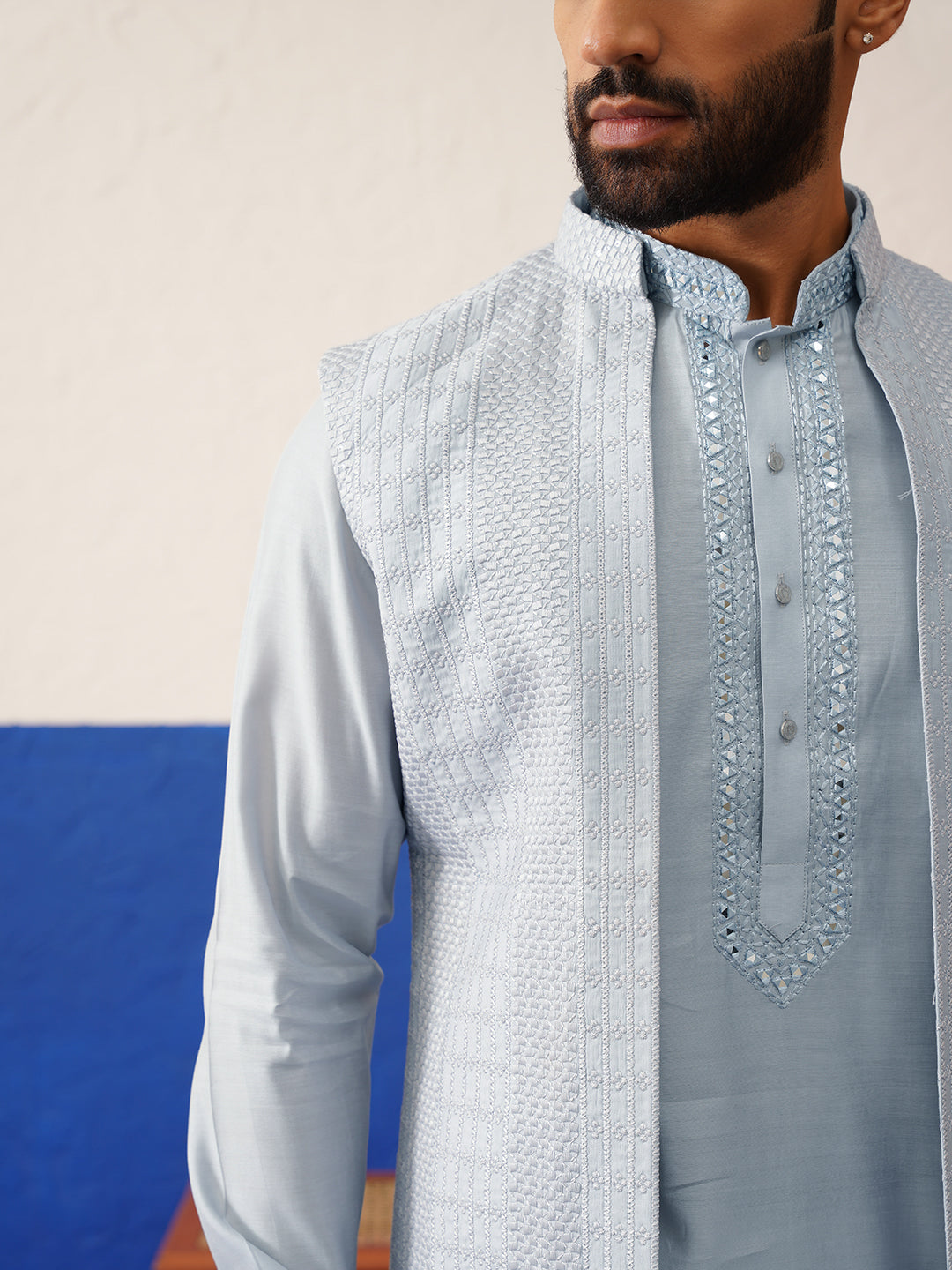 Aqua Blue Computer Emb Long Bundi Kurta Set