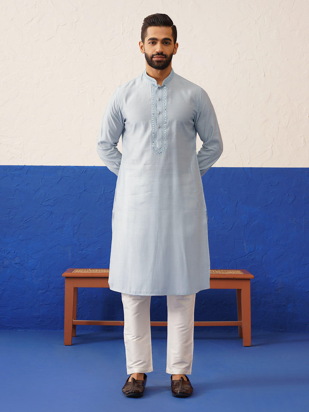 Aqua Blue Computer Emb Long Bundi Kurta Set