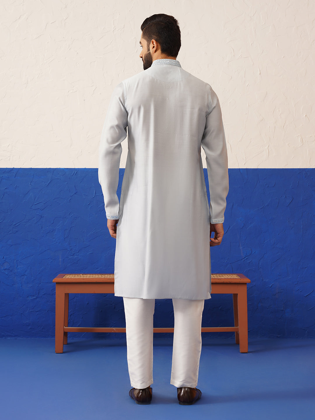 Aqua Blue Computer Emb Long Bundi Kurta Set