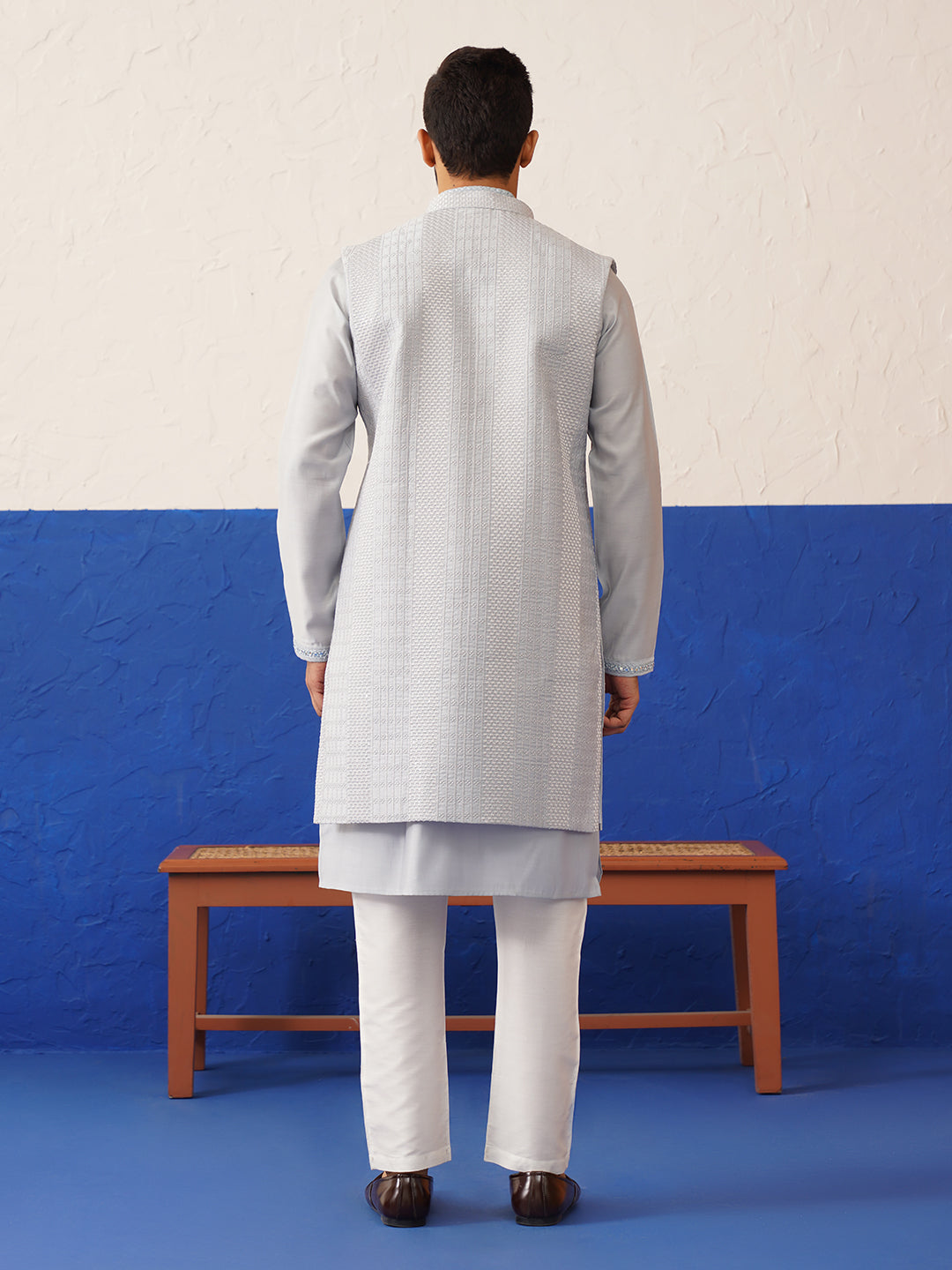 Aqua Blue Computer Emb Long Bundi Kurta Set