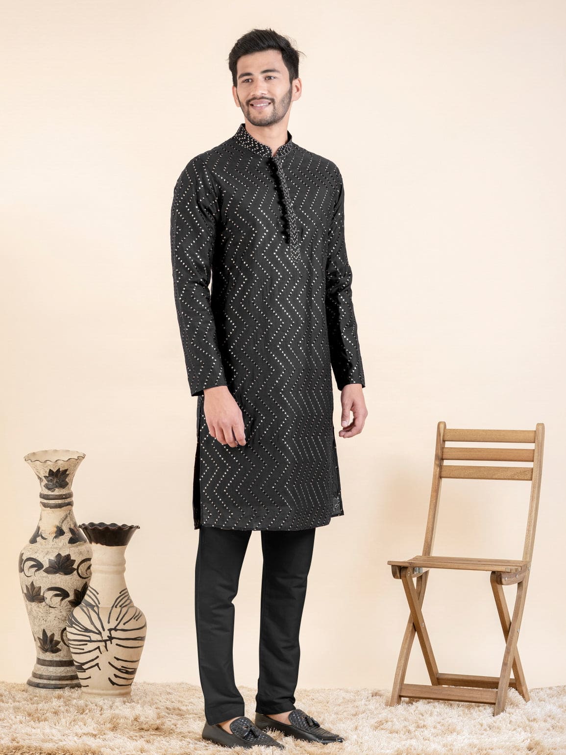 Black Zigzag Embroidered Kurta Set