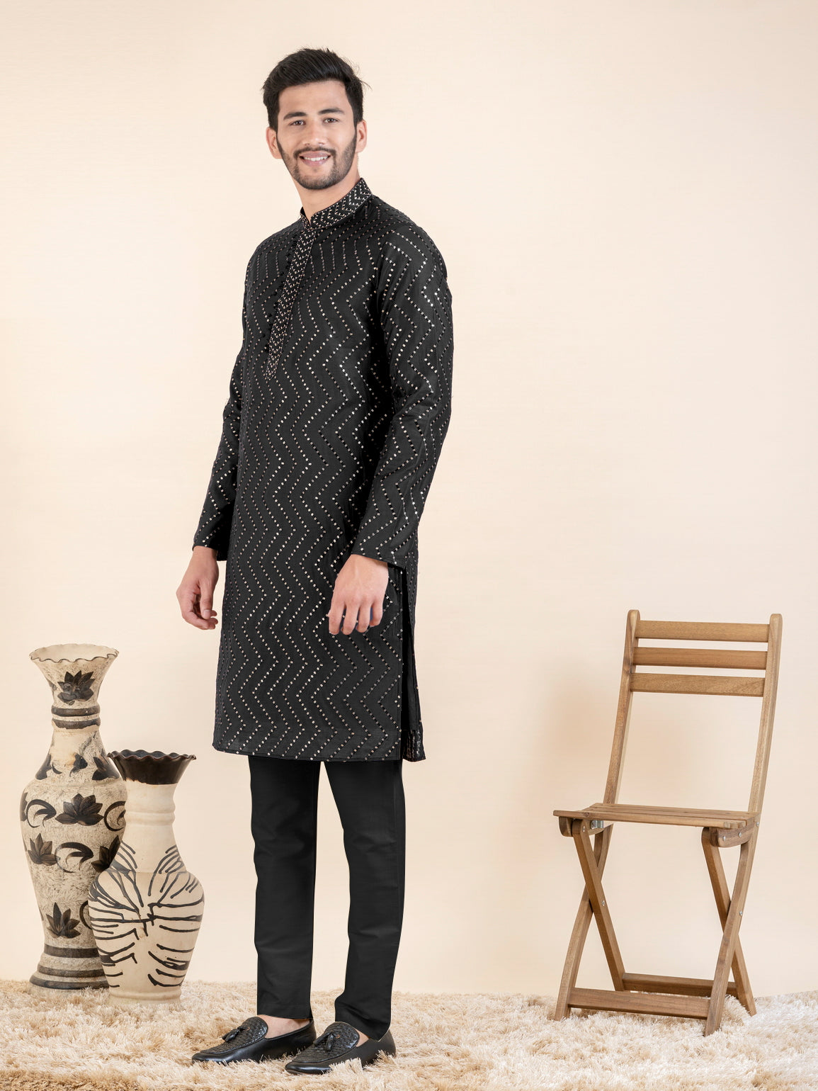 Black Zigzag Embroidered Kurta Set