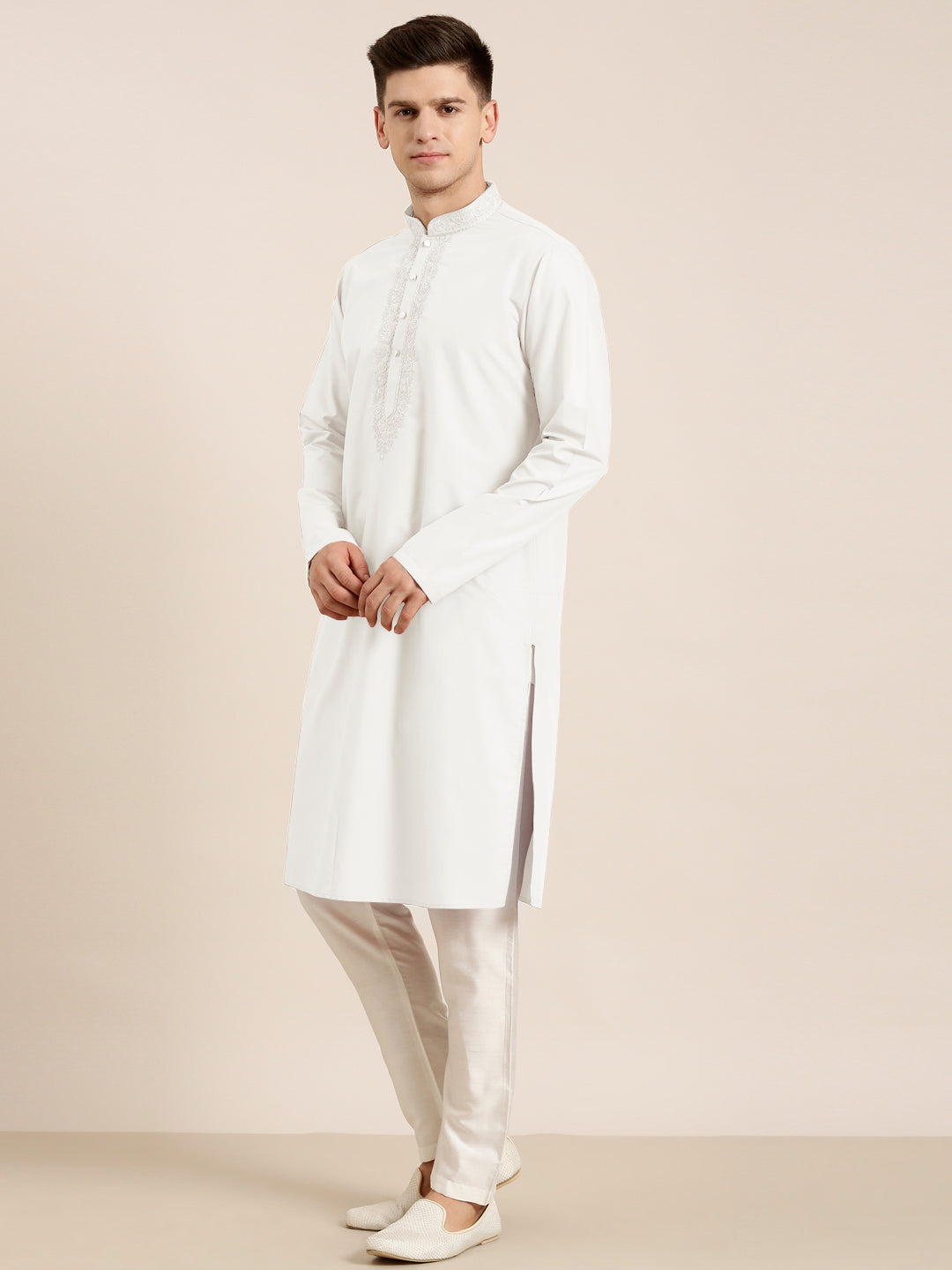 Off White Cotton Dori Embroidered Kurta Set