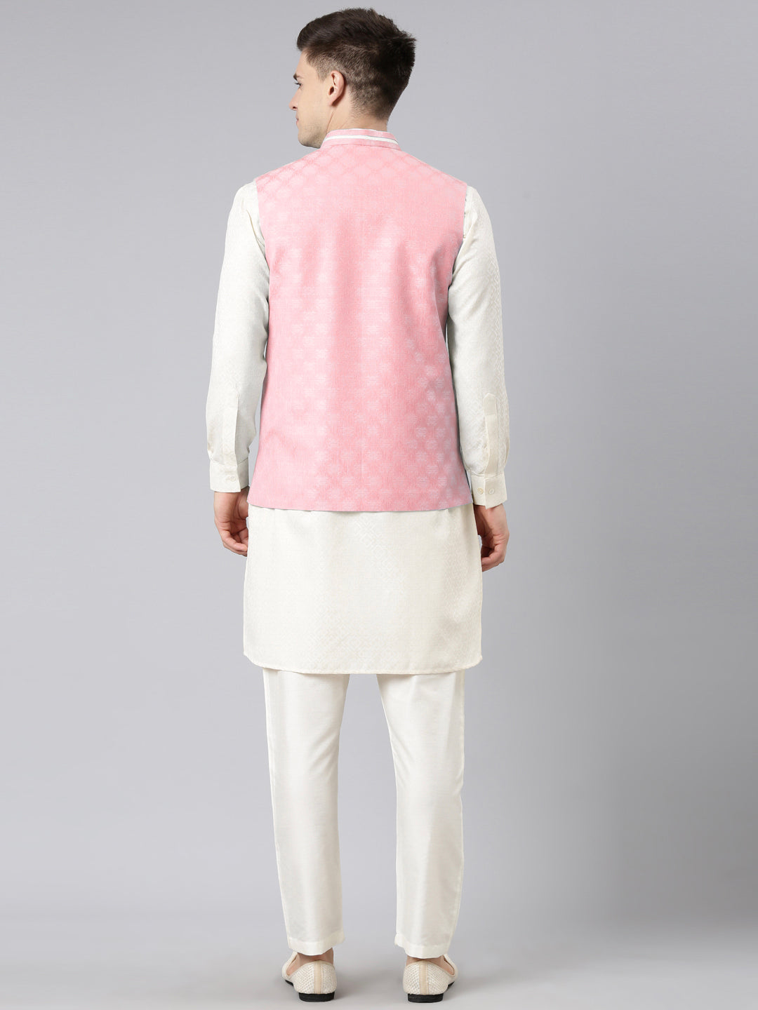 Pink Cotton Jacquard Jacket Kurta Set