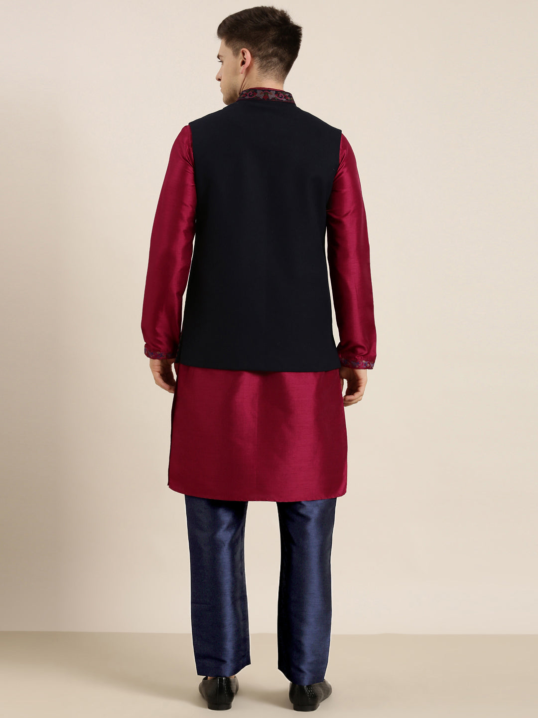 Navy Pashmina Embroidered Jacket With Maroon Kurta set