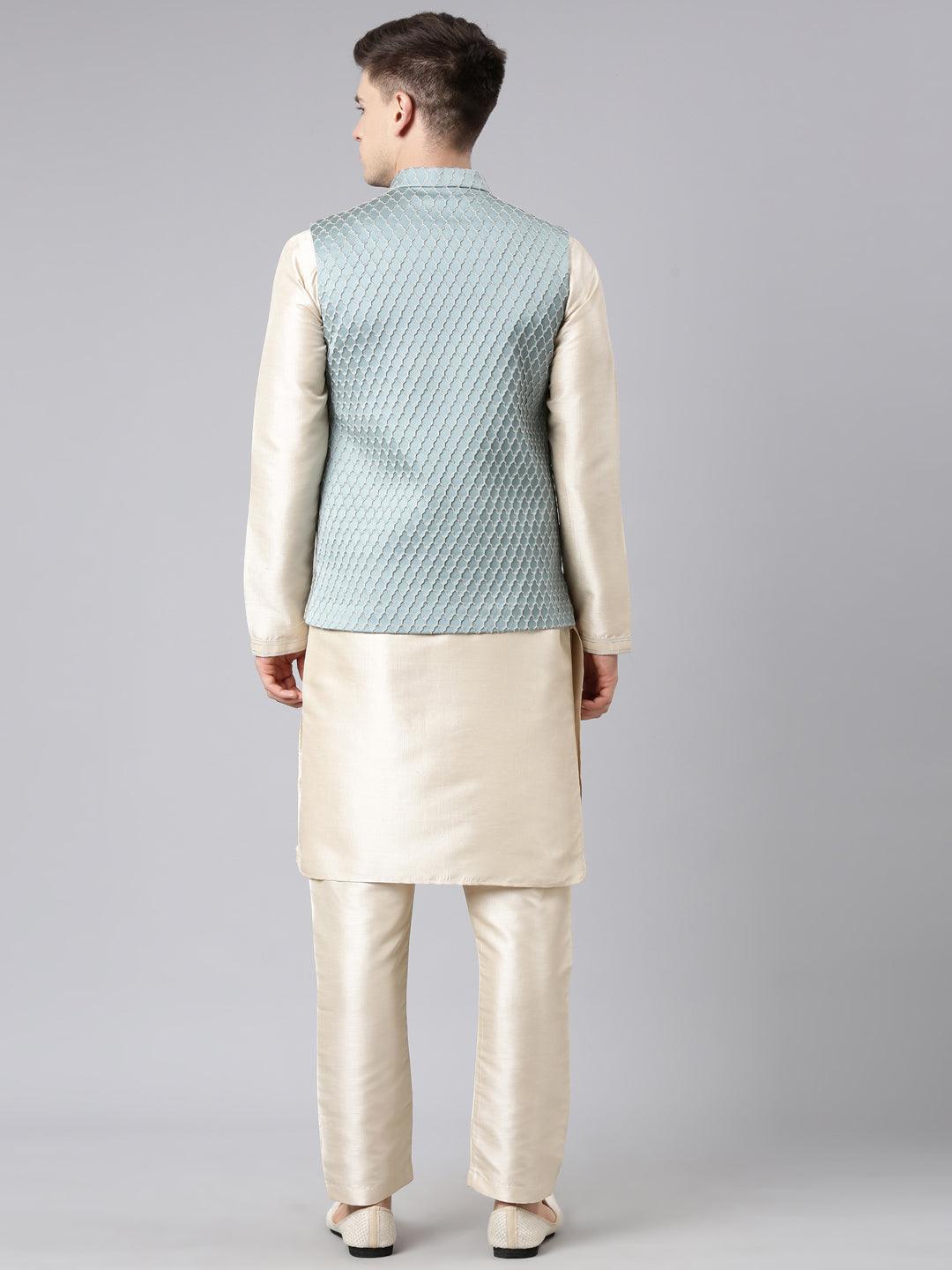 Teal Blue Jacket With Cream Kurta Set