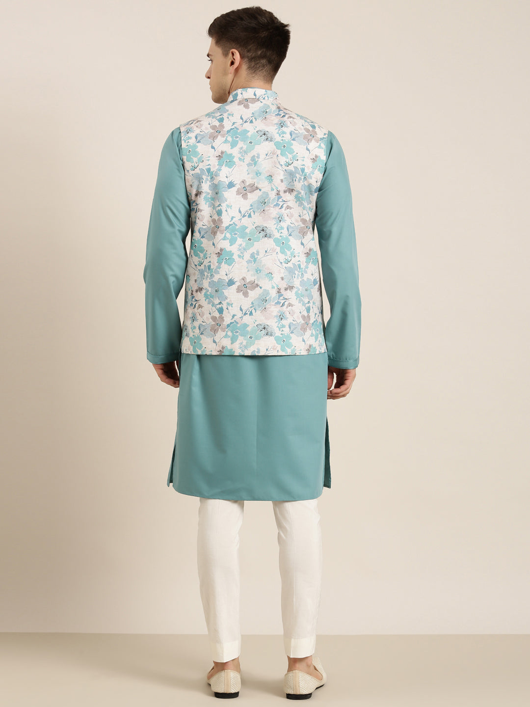 Beige Linen Printed Jacket Kurta Set