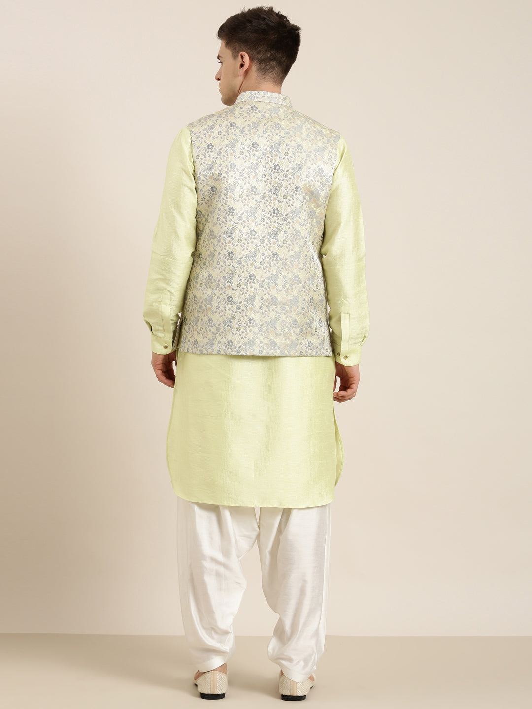 Pastel Green Jacquard Jacket With Kurta Set