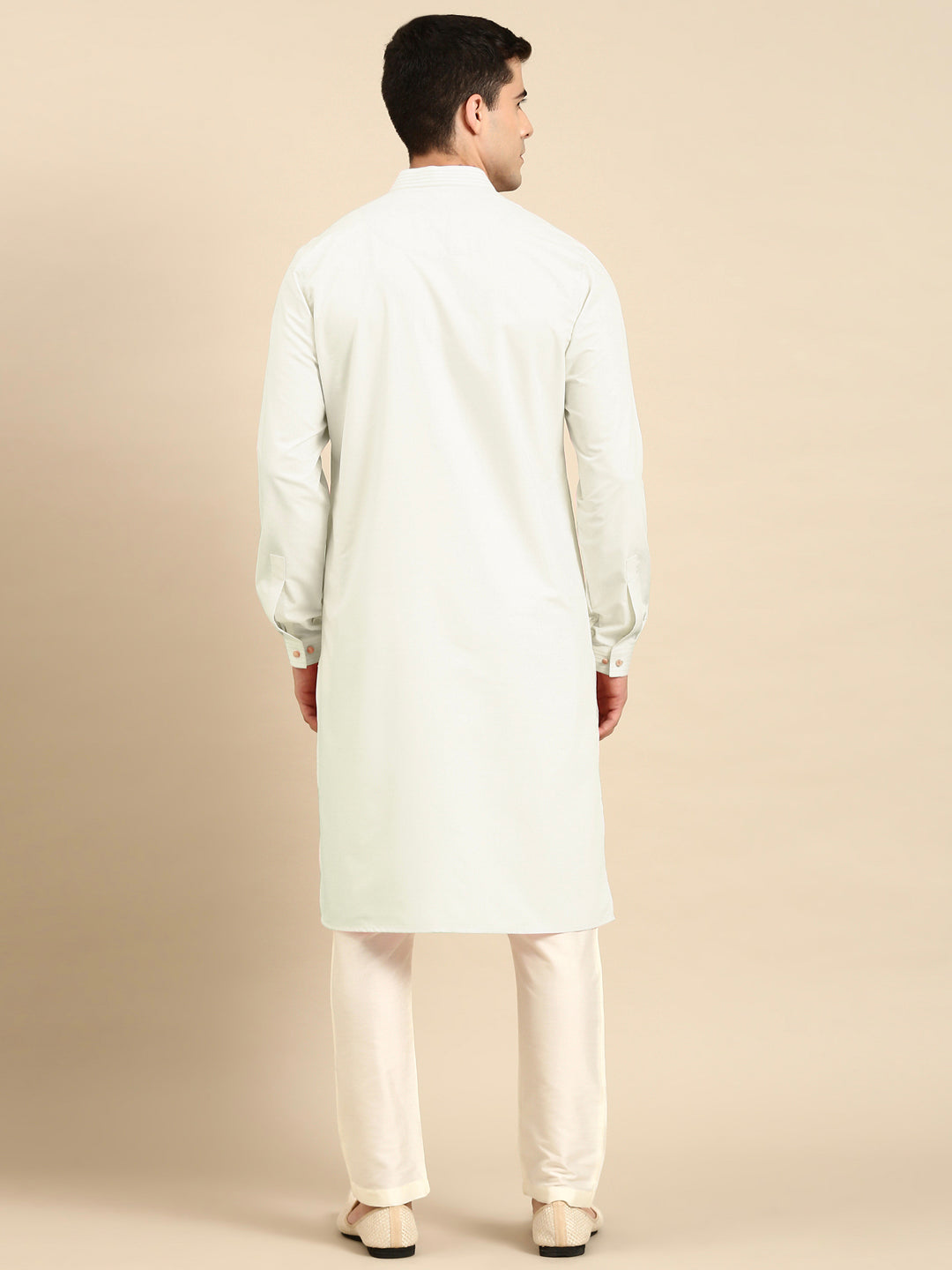 Cream Cotton Pathani Kurta Set with Patch pocket