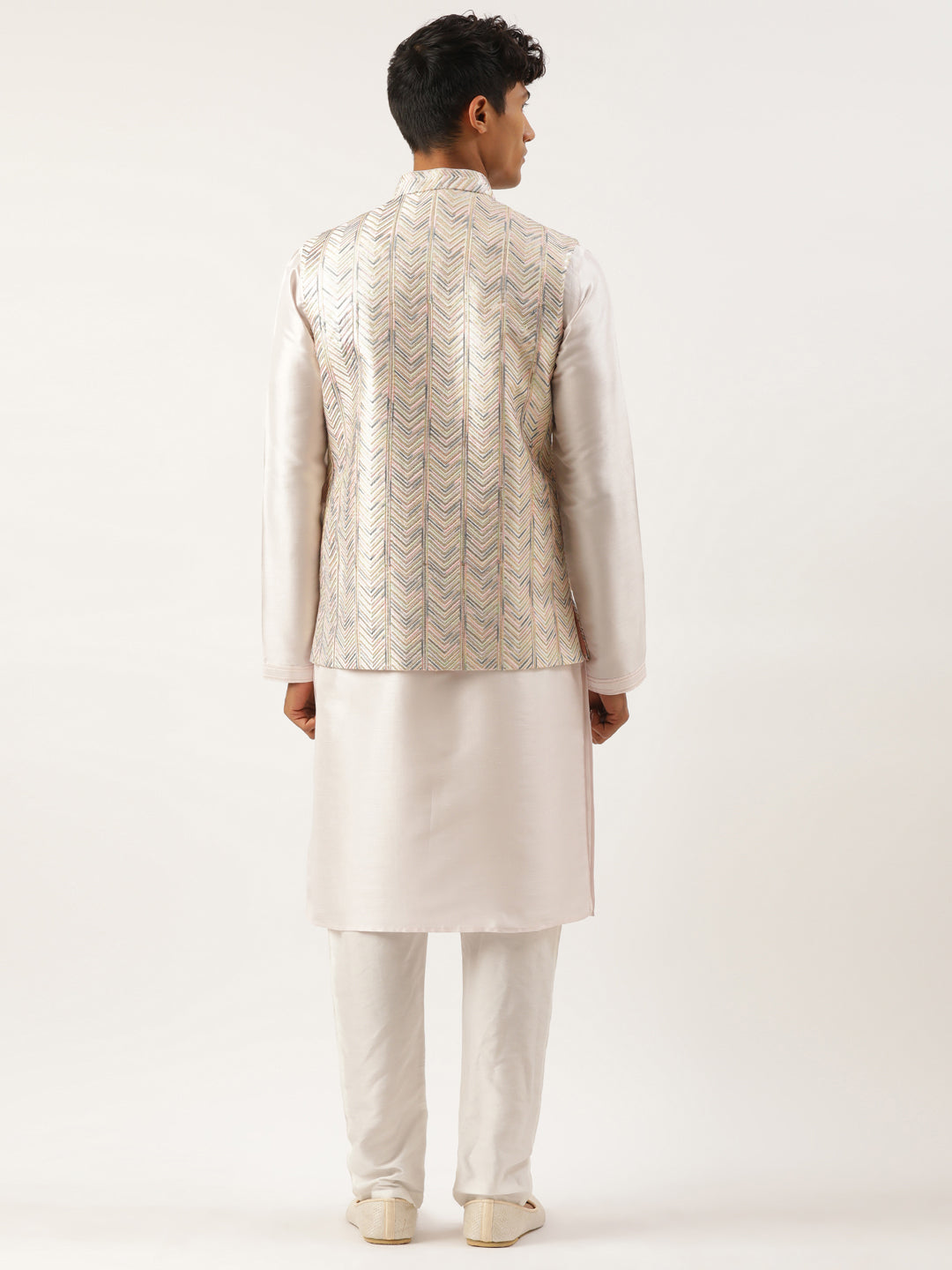White Multi Color Embroidered Jacket Kurta Set
