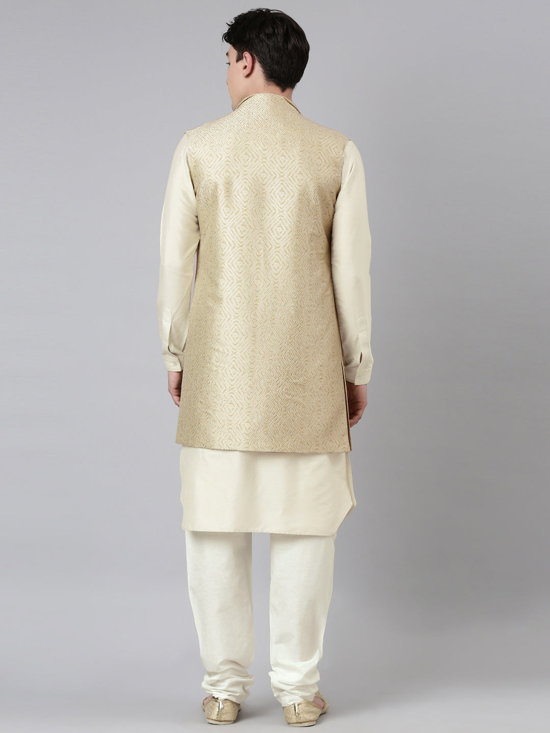 Cream Printed Lapel Style Jacket With Cream Gold Motif Kurta