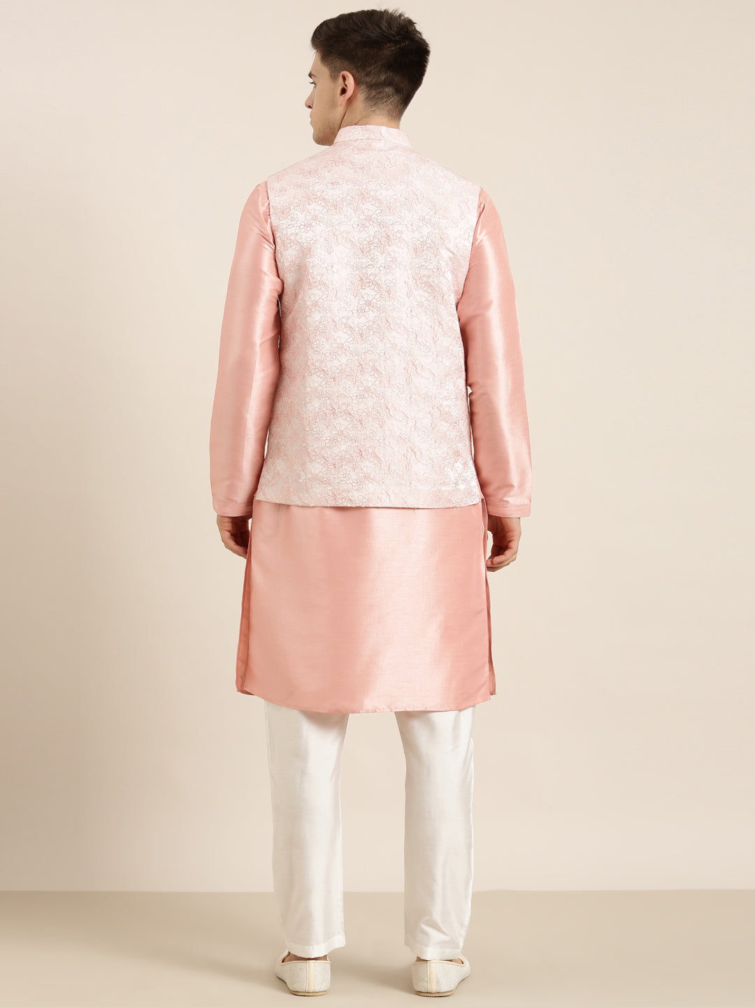 Peach Jacquard Jacket Kurta Set