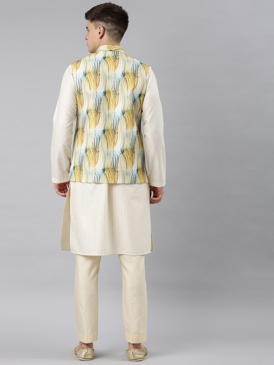 Yellow Linen Printed Jacket with Kurta Set