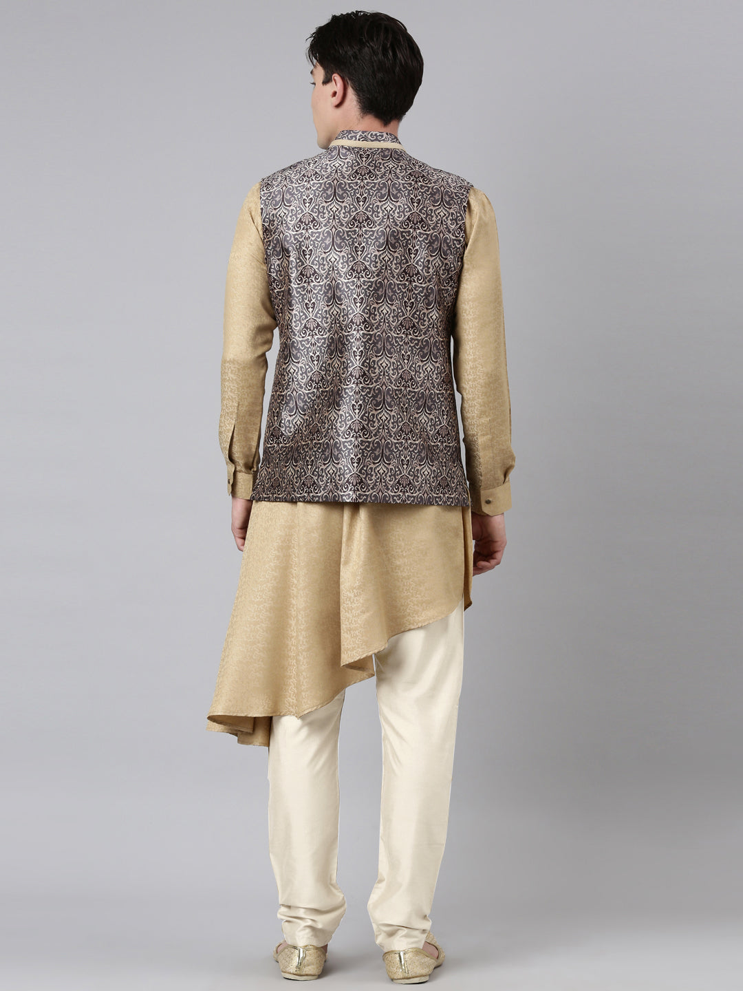 Printed Jacket with Self-design Drape Side-Open Kurta