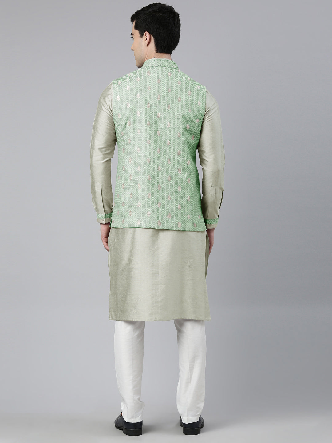 Green Chanderi Booti Jacket With Kurta Set