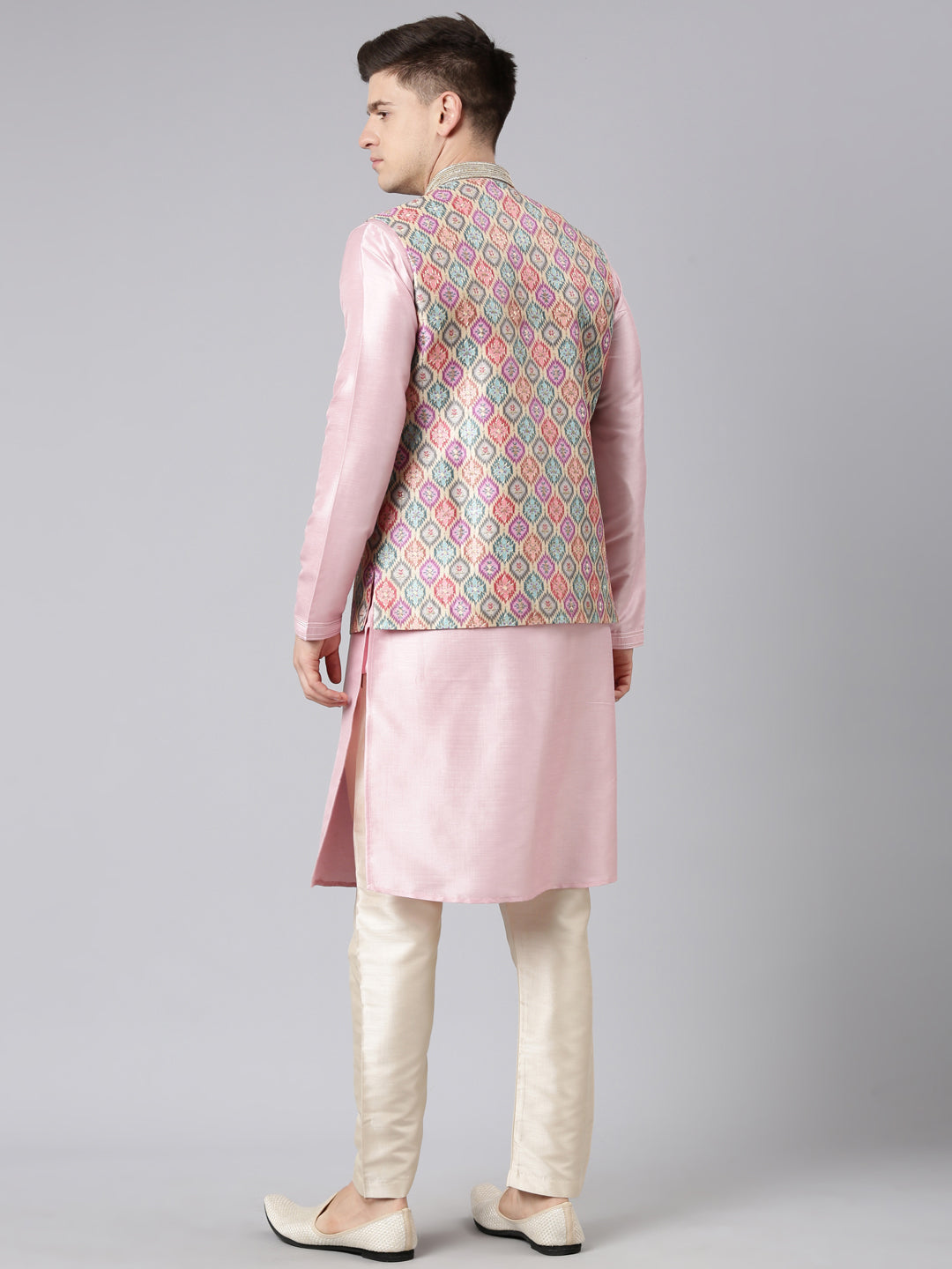 Beige Ikat Print Jacket With Pink Kurta