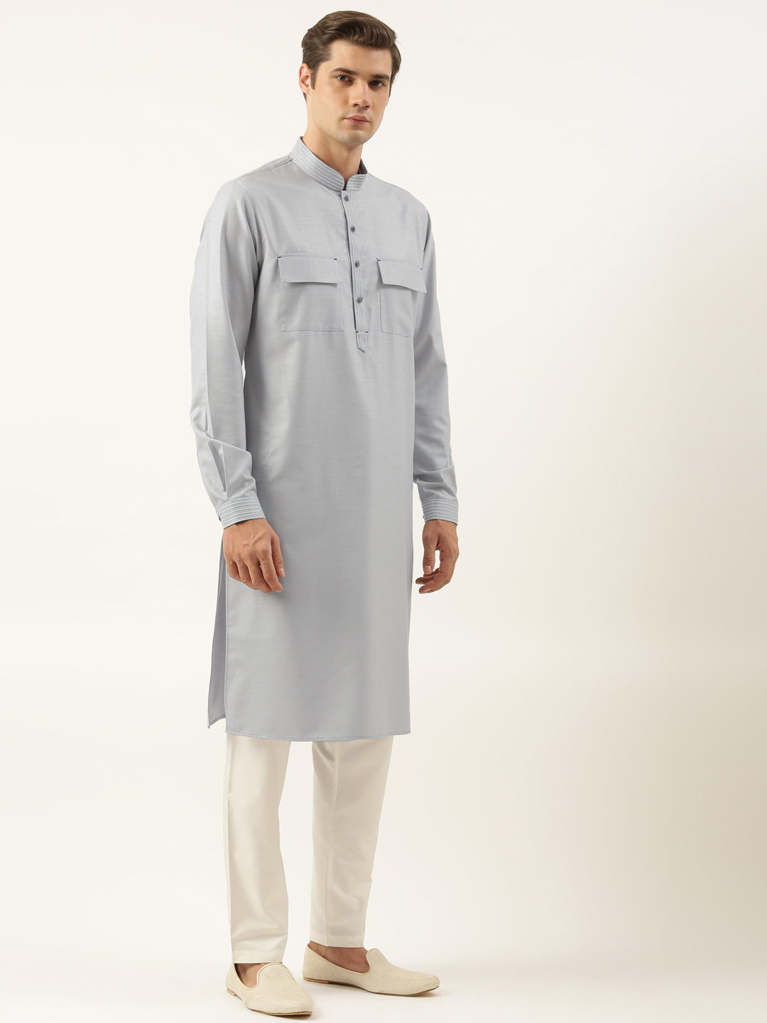 Grey Pure Cotton Pathani Kurta Set with Patch Pocket