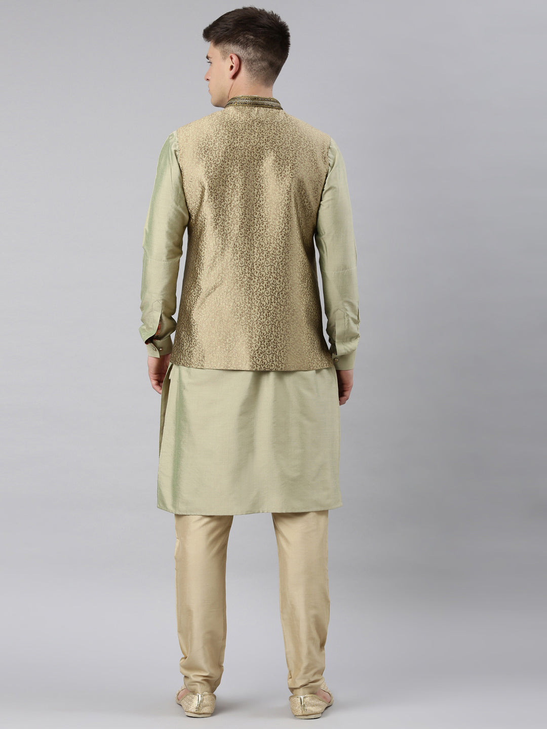 Gold Brocade Jacket With Open Style Light Green Kurta Set