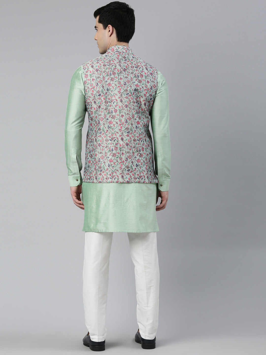 Jade Green Pashmina Print Jacket with Solid Green Short Kurta Set