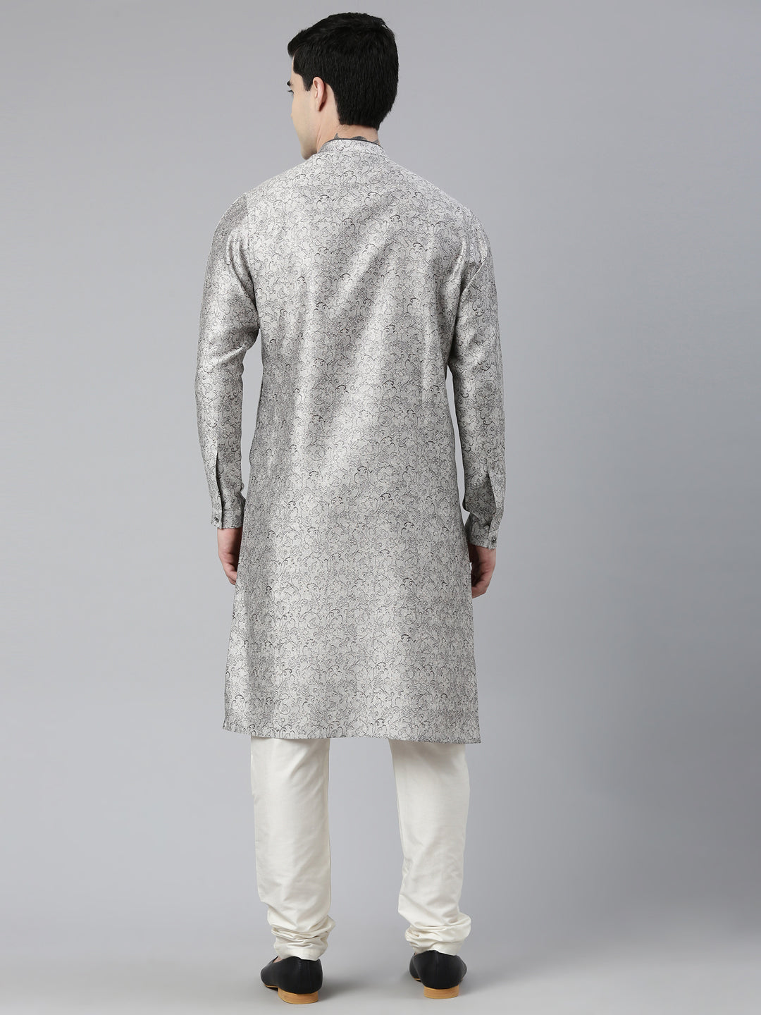 Grey Block Printed Angrakha Style Chanderi Silk kurta set