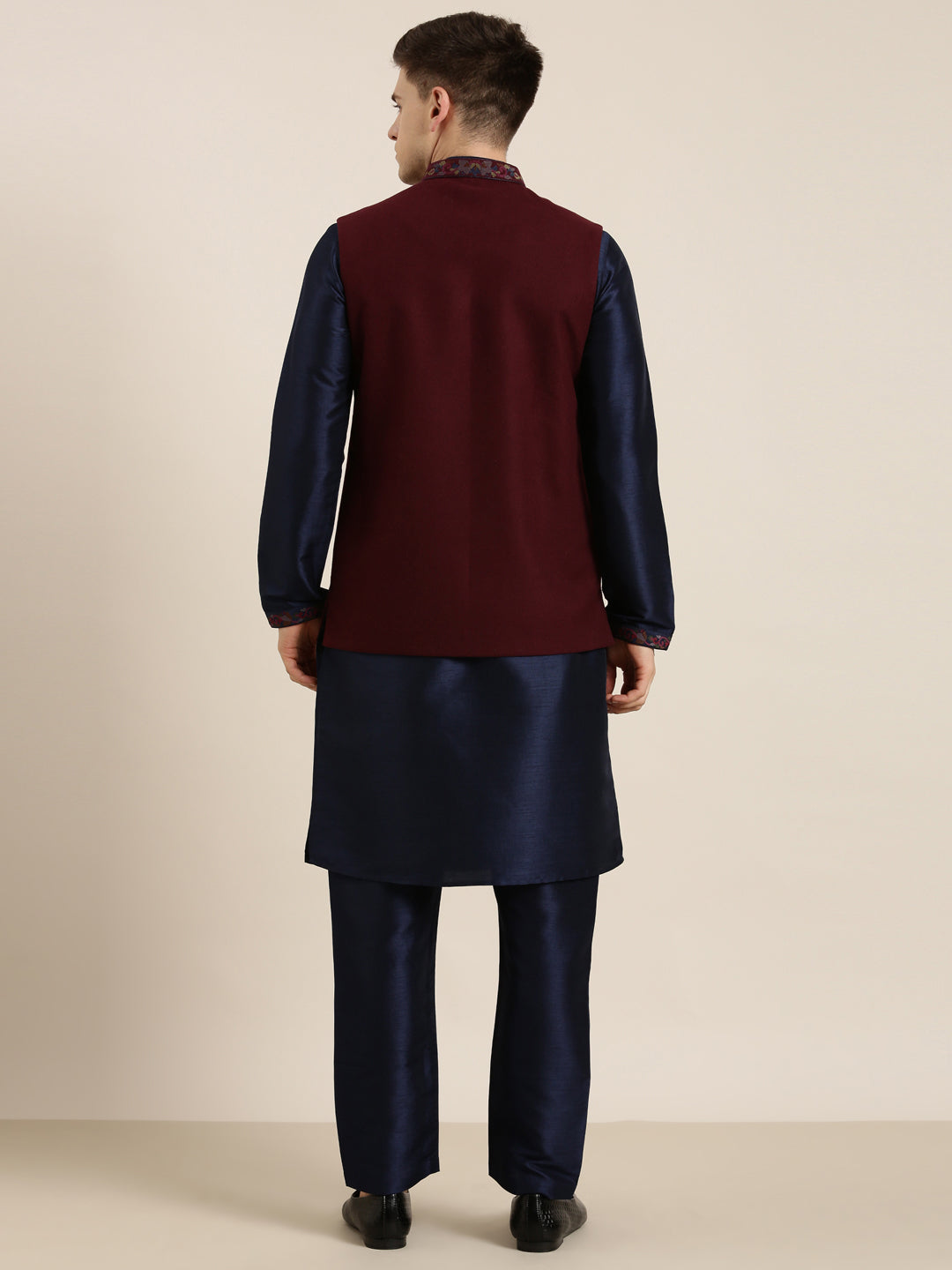 Maroon Pashmina embroidery Jacket With Navy kurta set