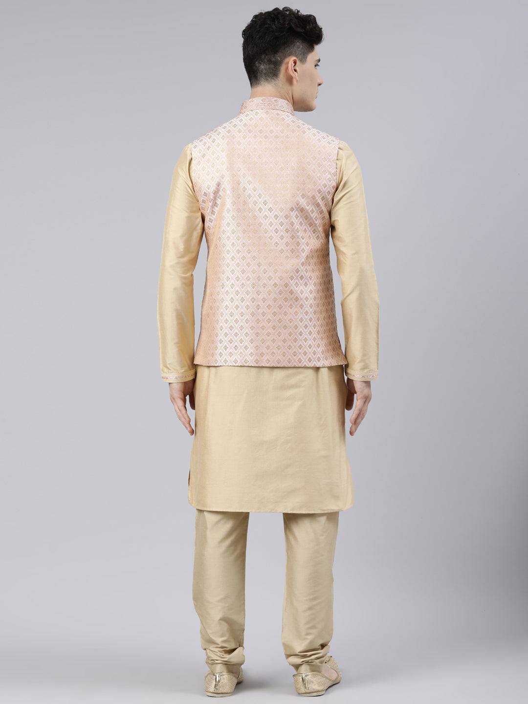 Peach Brocade Jacket With Gold Kurta