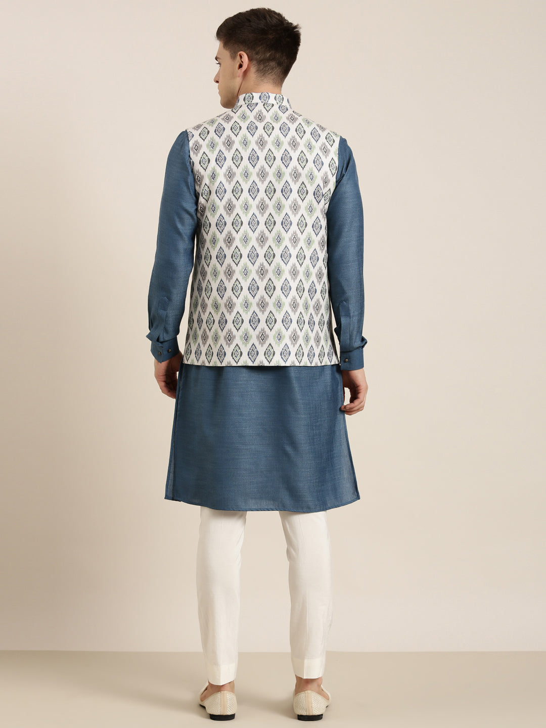 Cream Linen Printed Jacket Kurta Set