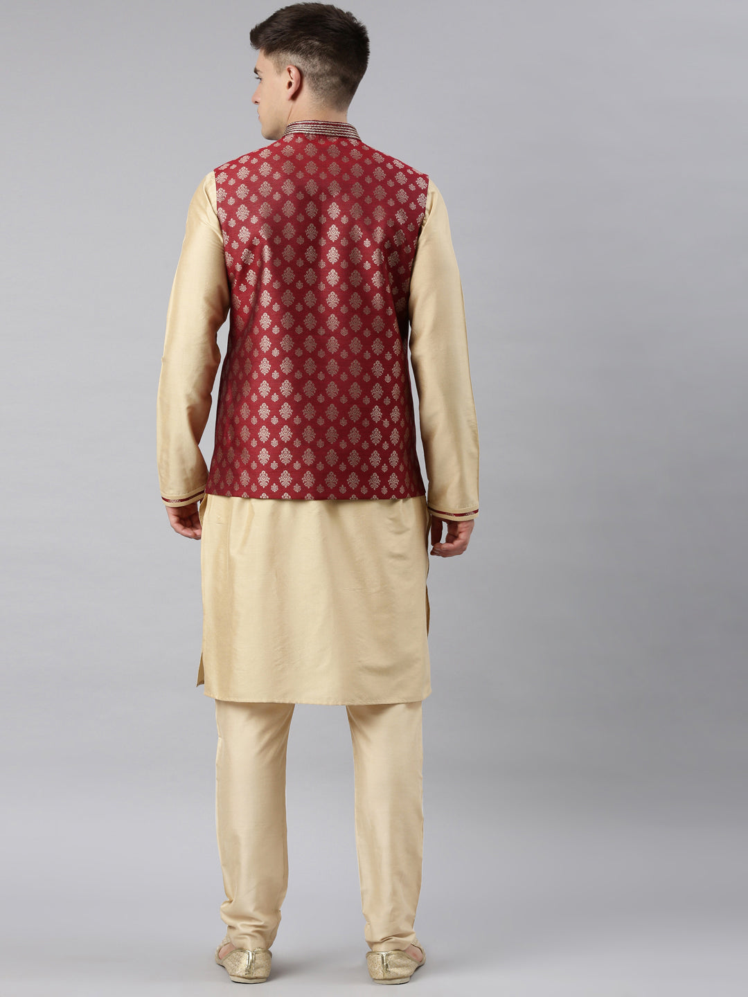 Maroon Brocade Bundi With Gold Kurta