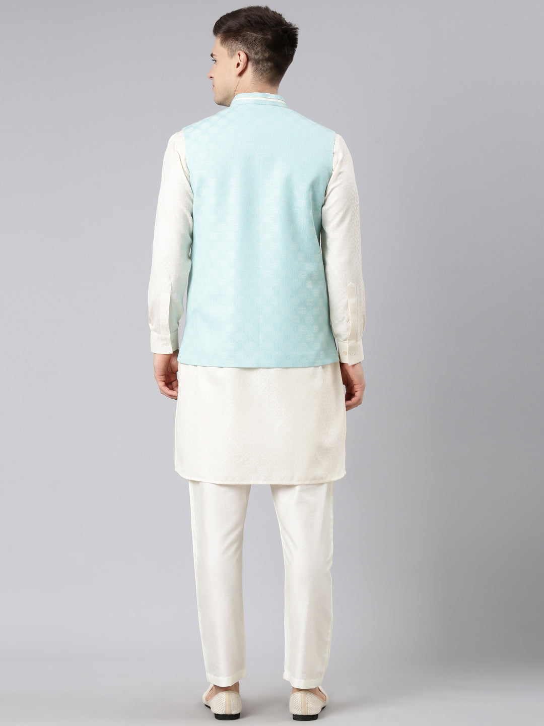 Light Blue Cotton Jacquard Jacket Kurta Set