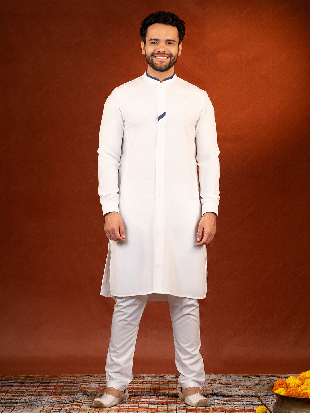 White Cotton Kurta With Denim Detailing Set