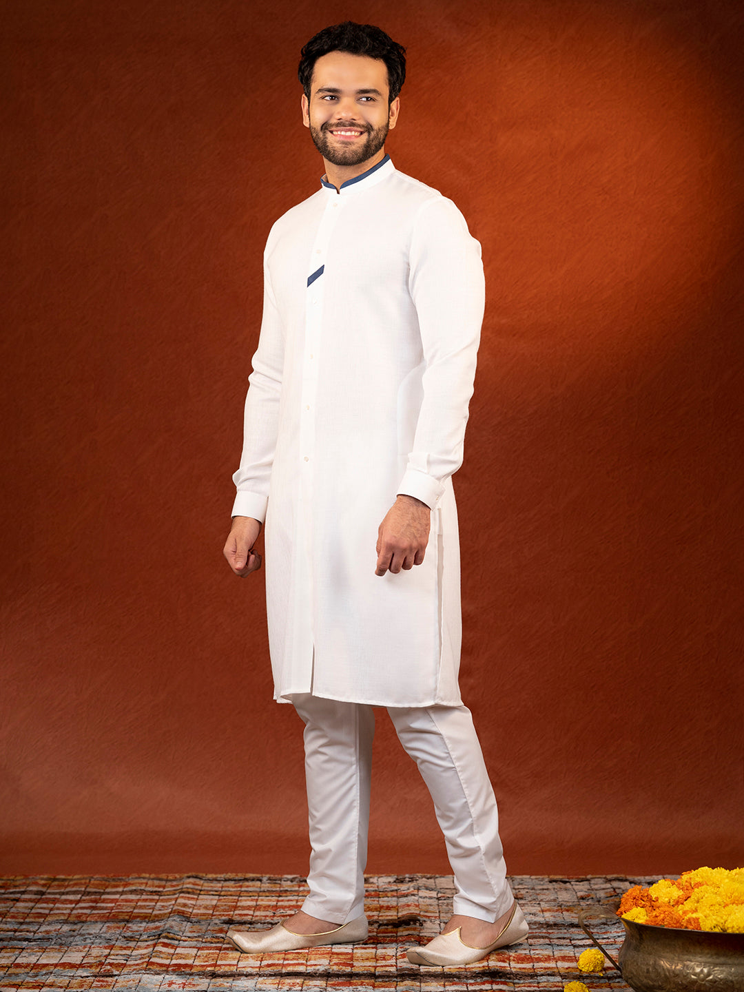 White Cotton Kurta With Denim Detailing Set