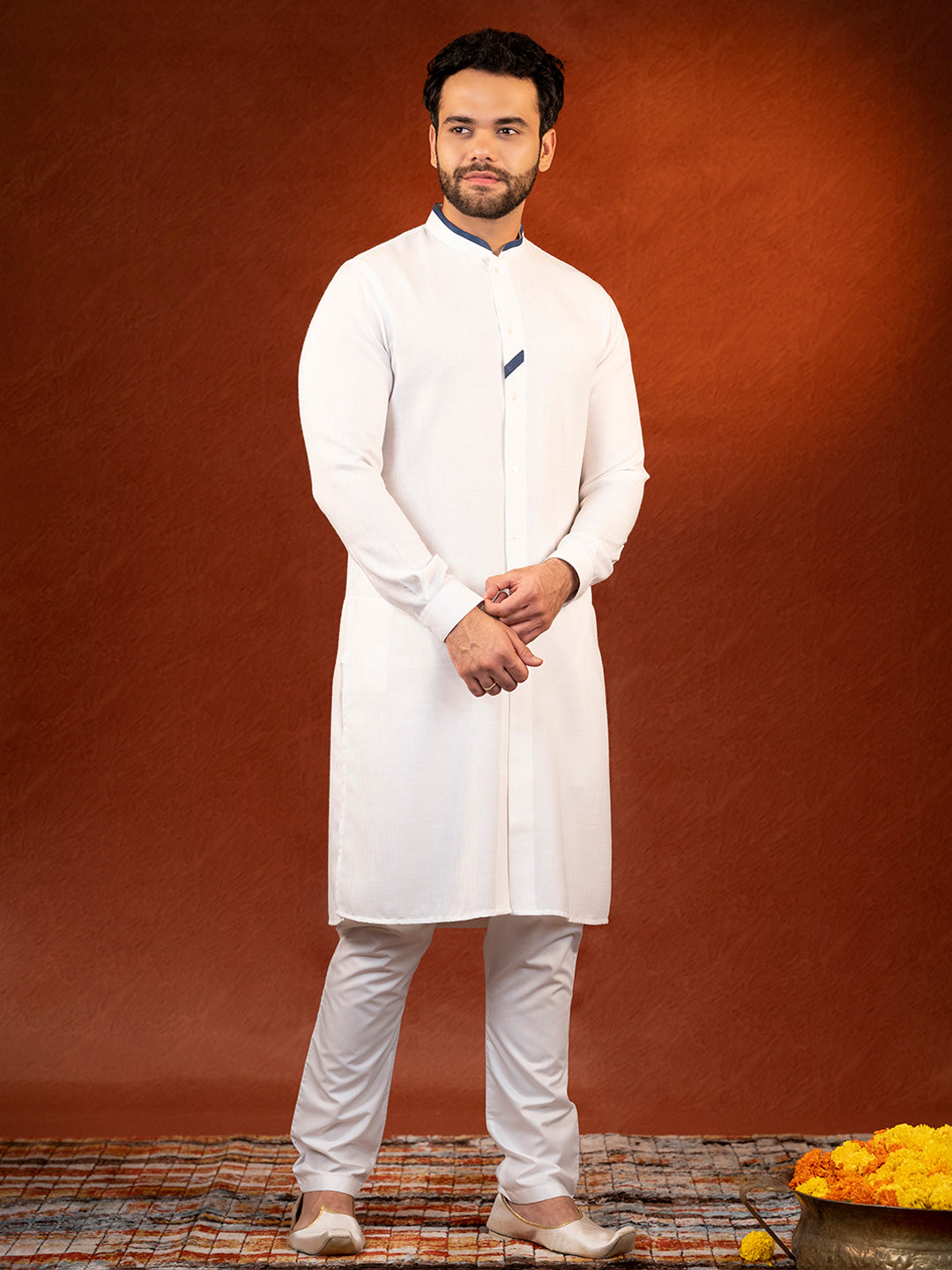 White Cotton Kurta With Denim Detailing Set