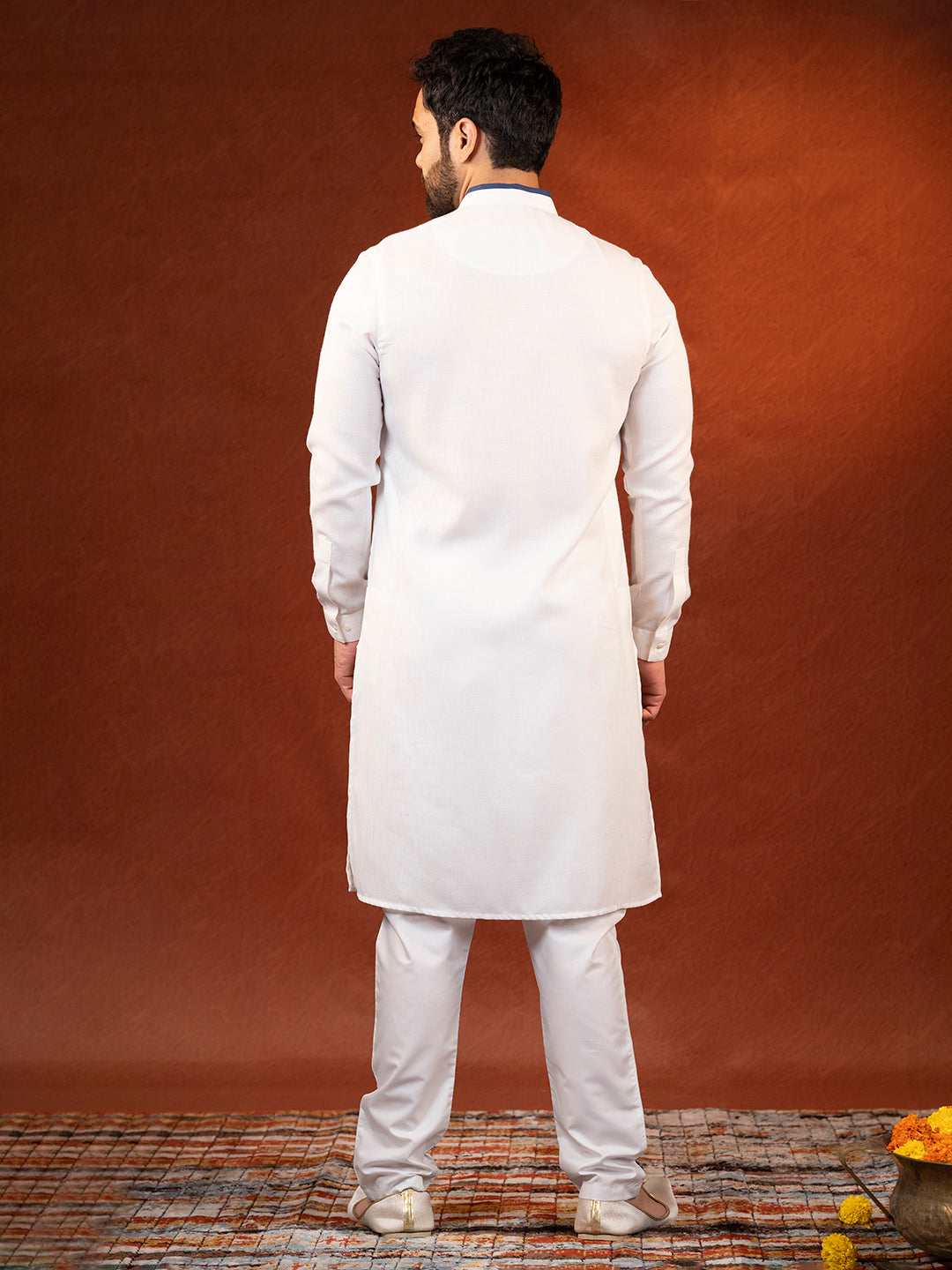 White Cotton Kurta With Denim Detailing Set