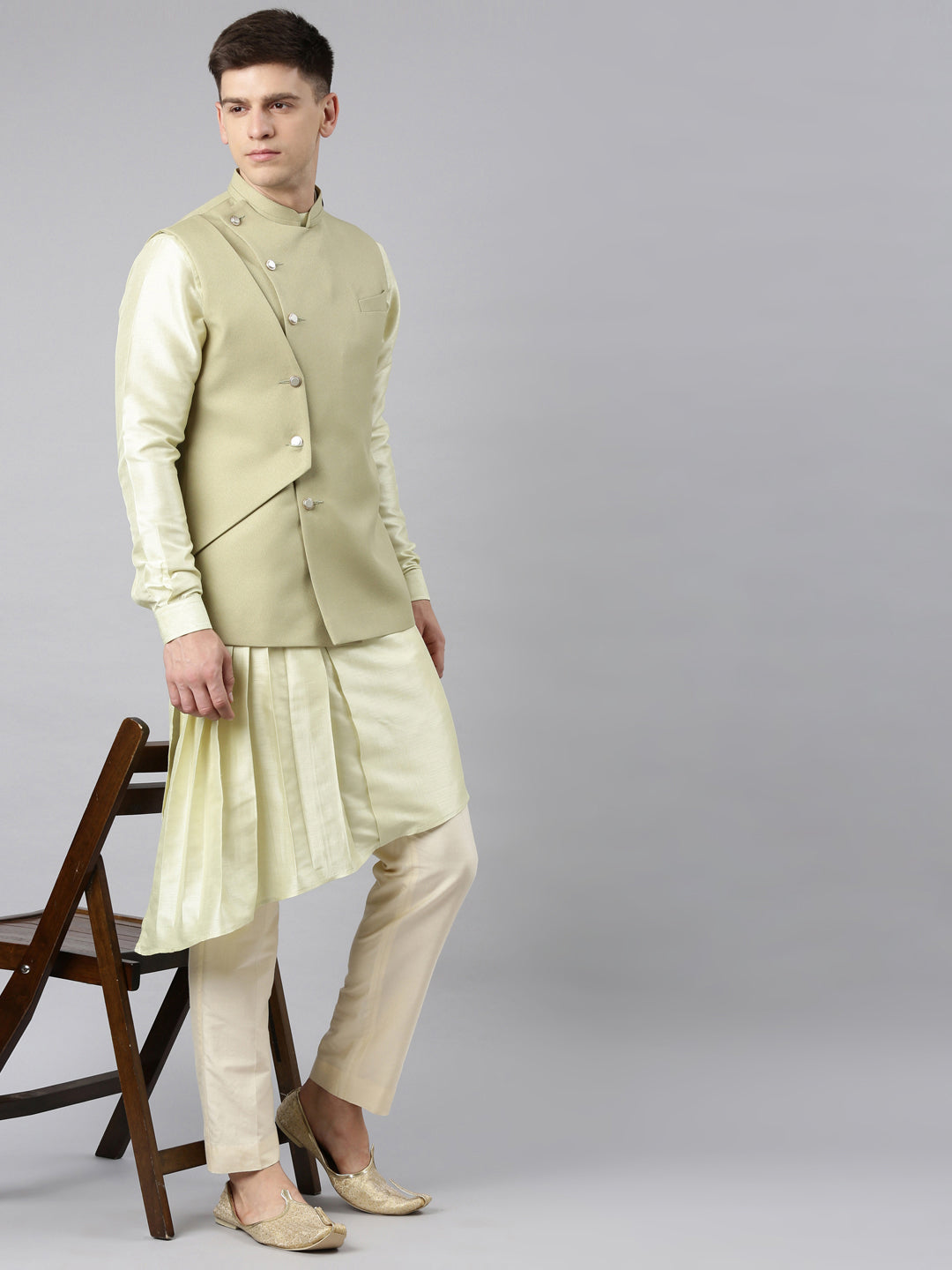 Mint Green Waistcoat Jacket With Mint Crushed Kurta