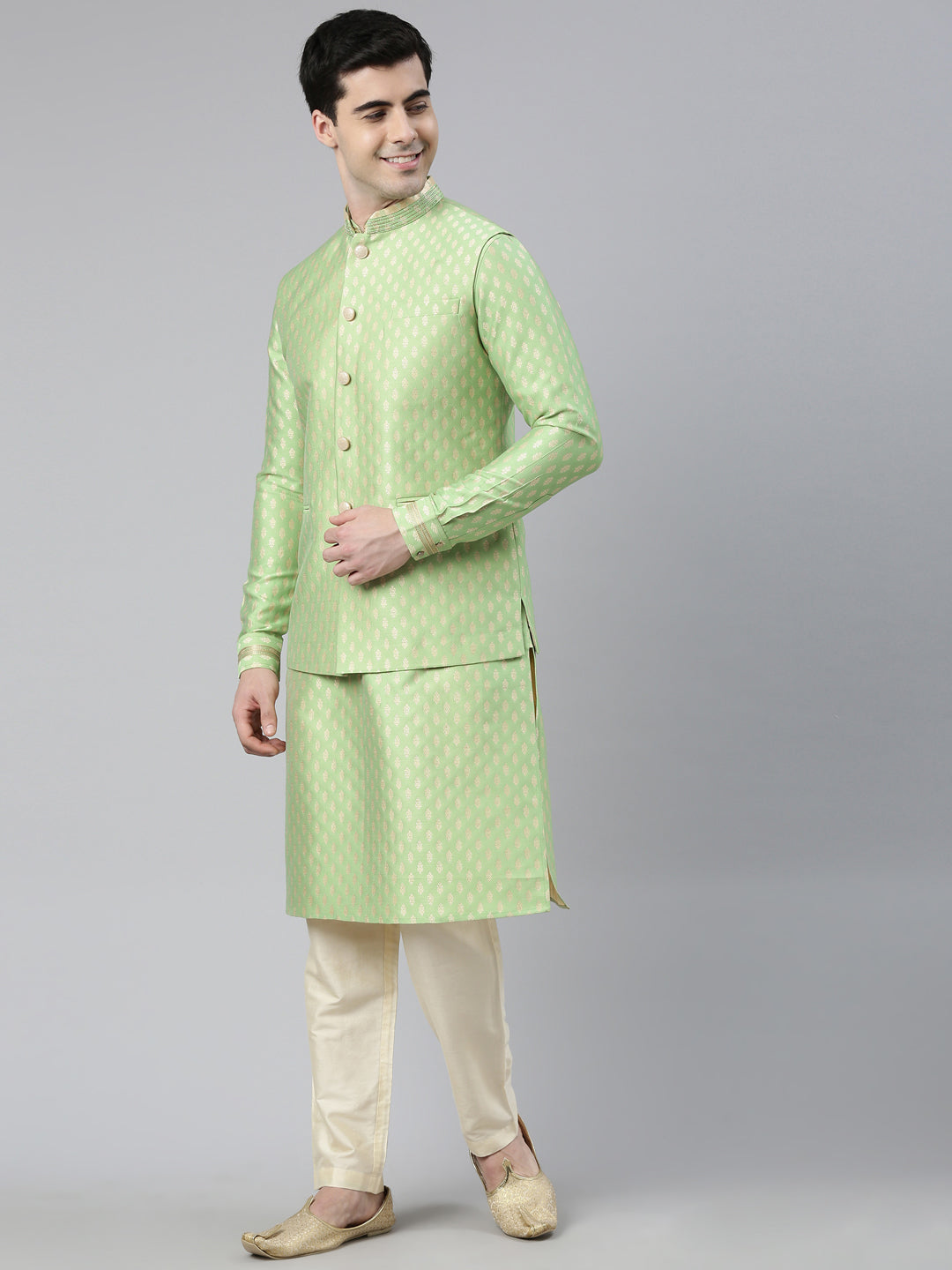 Mint Green Banarasi Jacquard Jacket And Kurta Set